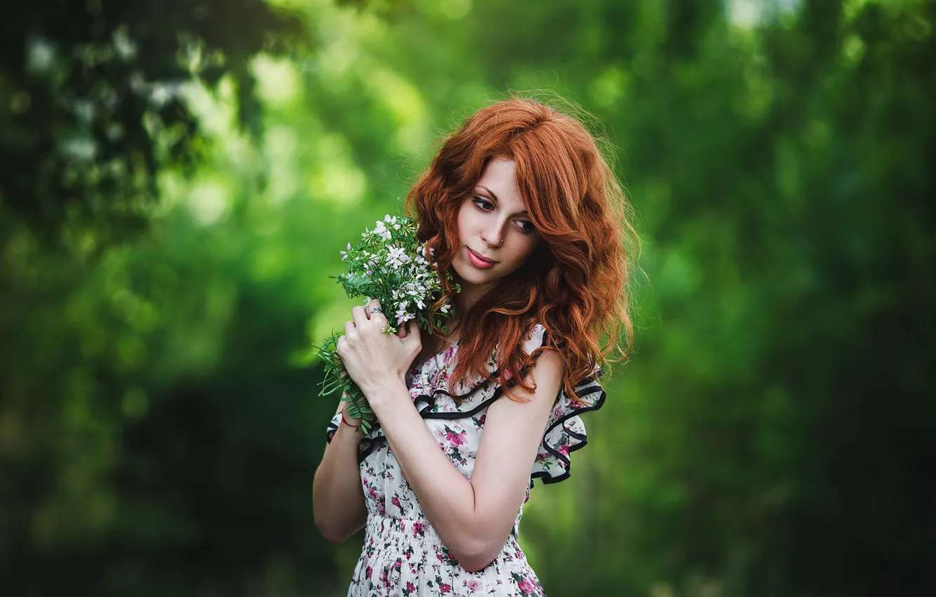Photo wallpaper greens, forest, girl, flowers, nature, mood, bouquet, dress