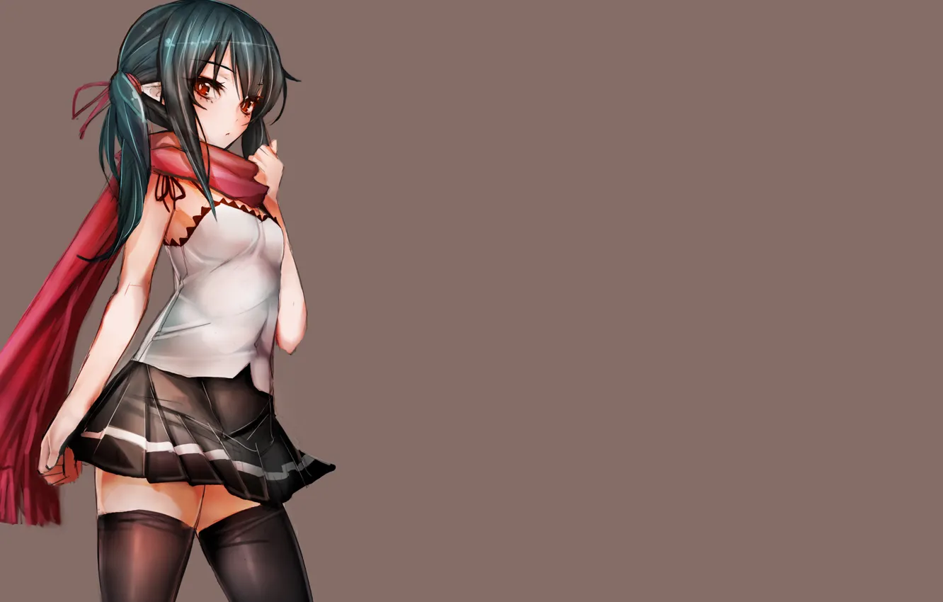 Photo wallpaper girl, skirt, minimalism, stockings, anime, scarf, red eyes, green hair