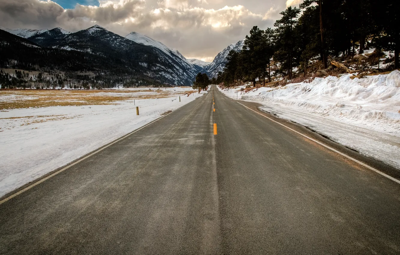 Photo wallpaper road, snow, mountains