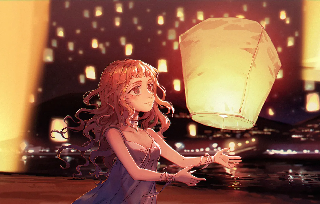 Photo wallpaper Girl, Night, Lanterns