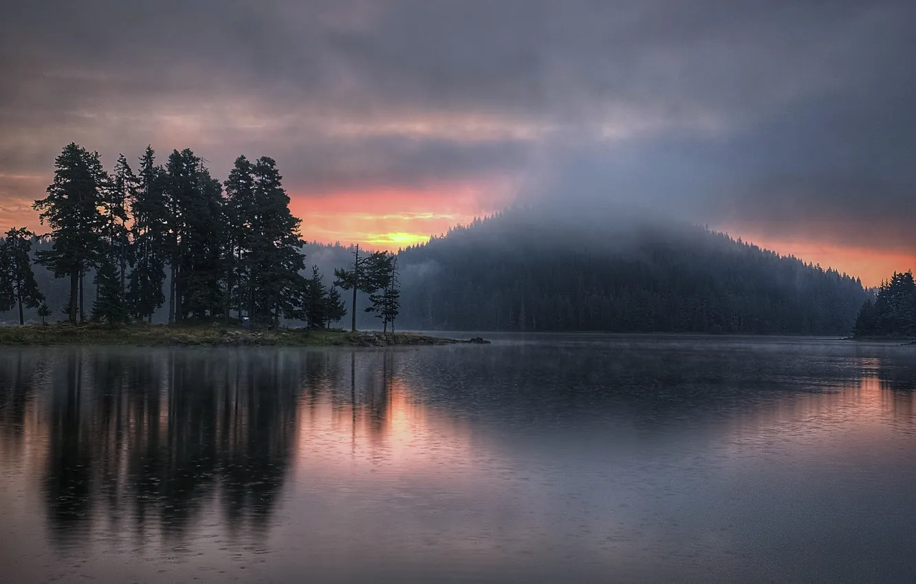 Photo wallpaper trees, mountains, lake, beauty, morning, haze, Gerchev Nikolay