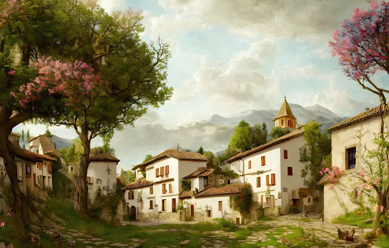 Photo wallpaper The Art of Artificial Intelligence, house, graphics, flowers, mountains, art, AI art, digital painting
