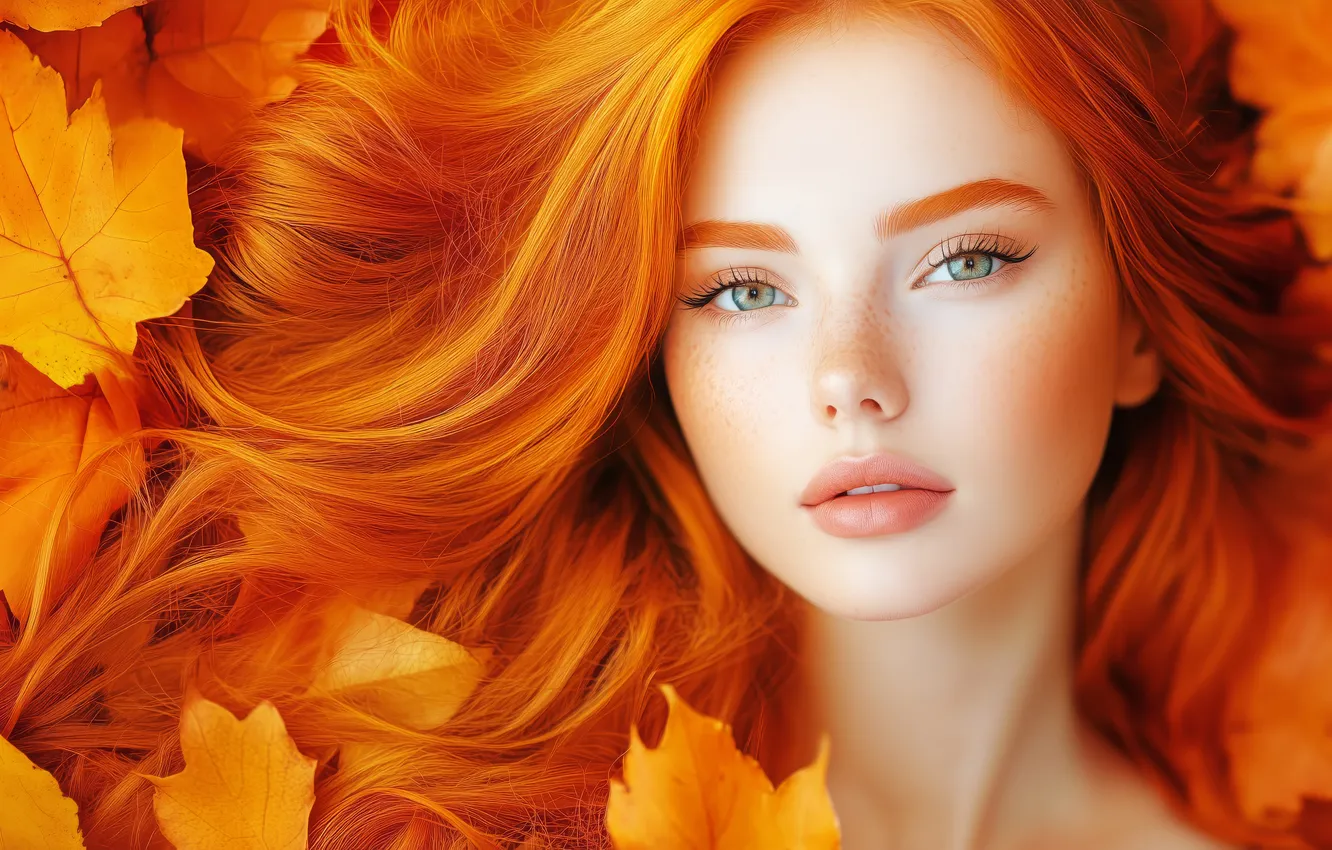 Photo wallpaper autumn, look, girl, eyelashes, portrait, lies, redhead, long hair