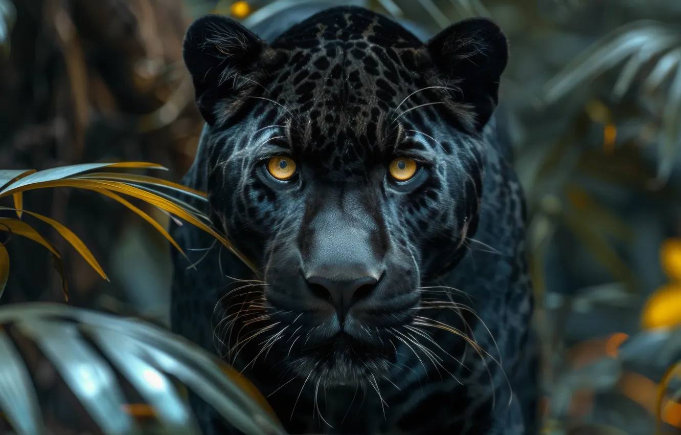 Photo wallpaper look, face, leaves, thickets, portrait, Panther, black, bokeh