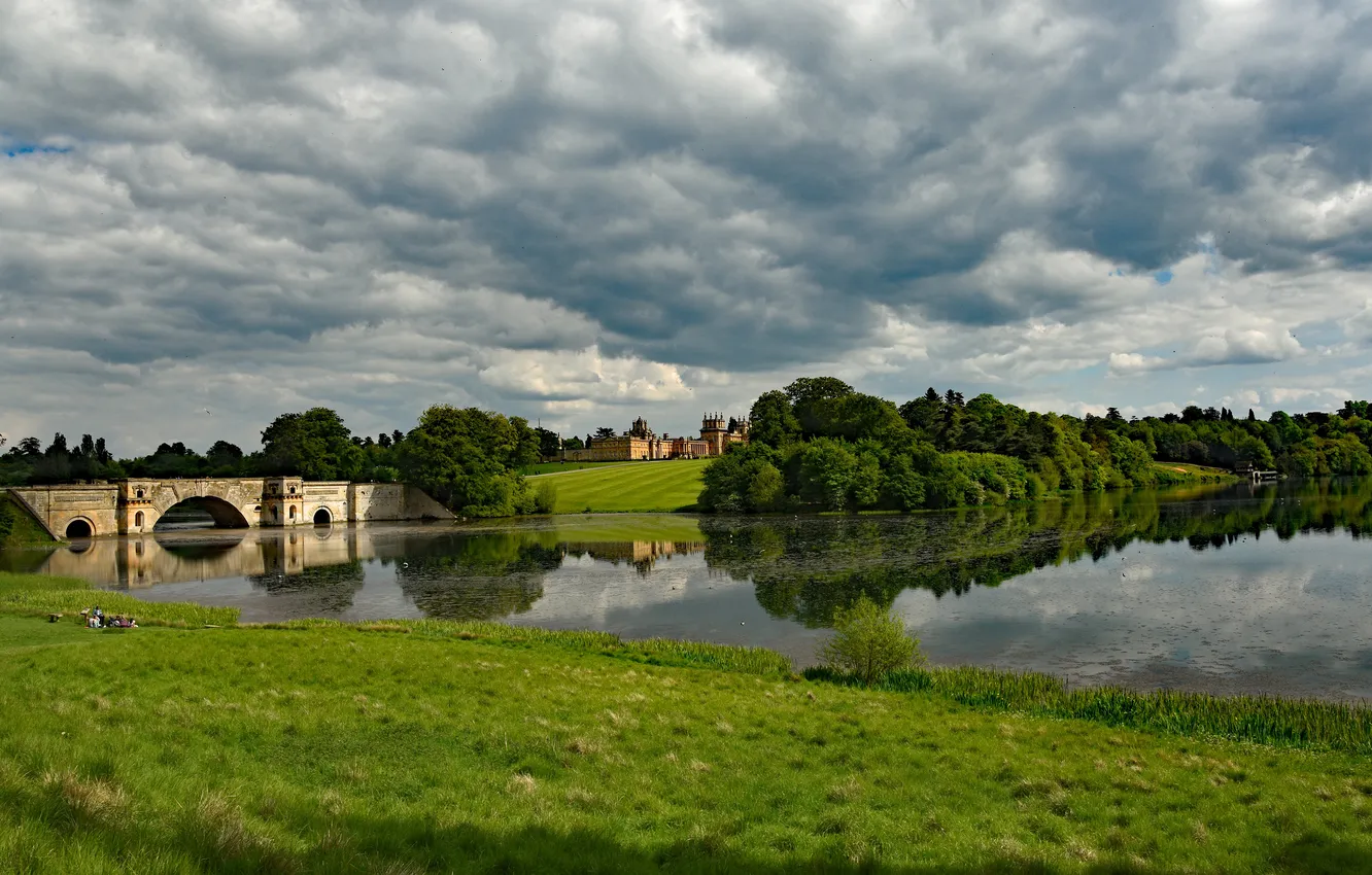 Photo wallpaper clouds, bridge, castle, shore, dal, pond