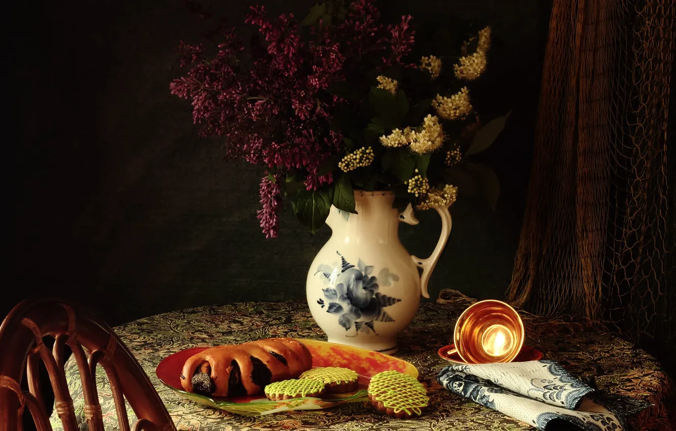 Photo wallpaper bouquet, cookies, still life, lilac, buns
