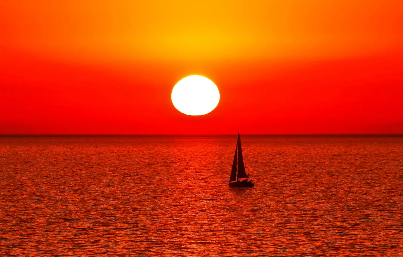 Photo wallpaper sea, the sky, the sun, sunset, boat, sail