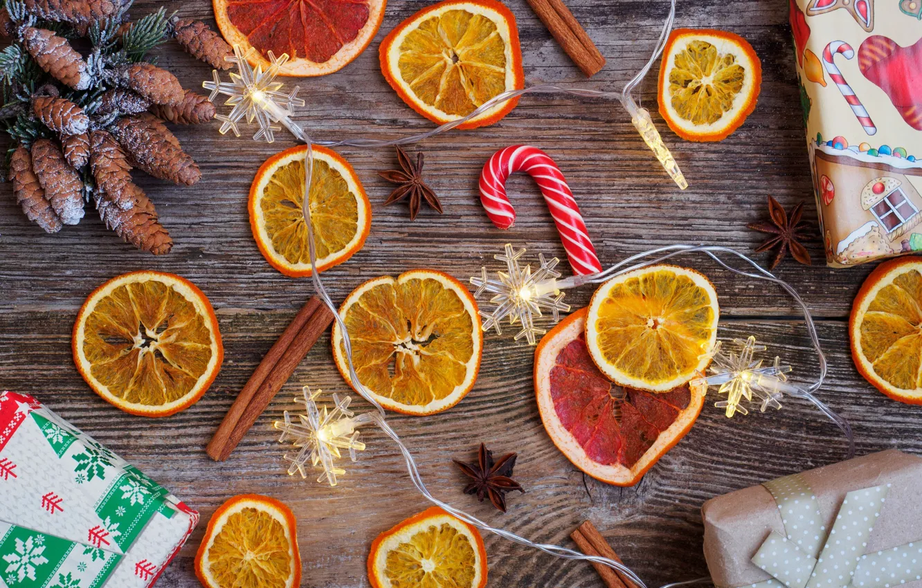 Photo wallpaper holiday, new year, orange, gifts, citrus, caramel, garland