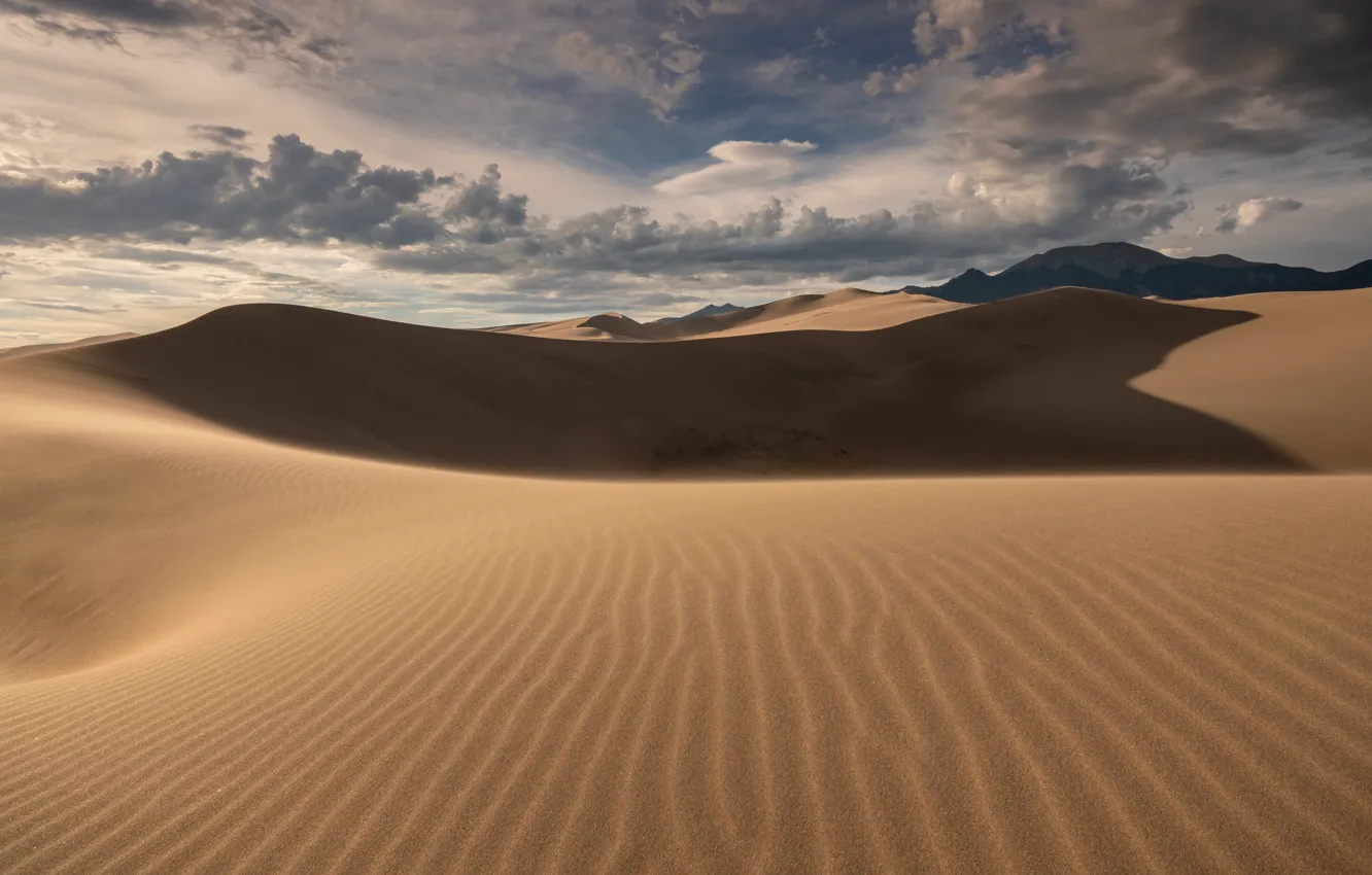 Photo wallpaper sand, the sky, clouds, light, line, the dunes, strip, hills