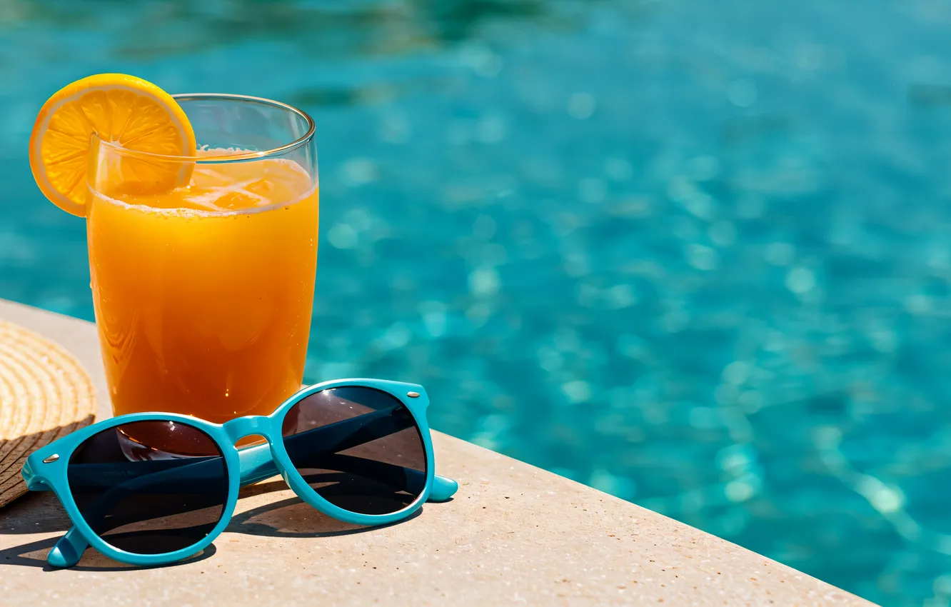 Photo wallpaper sea, summer, vacation, pool, glasses, juice, summer, pool