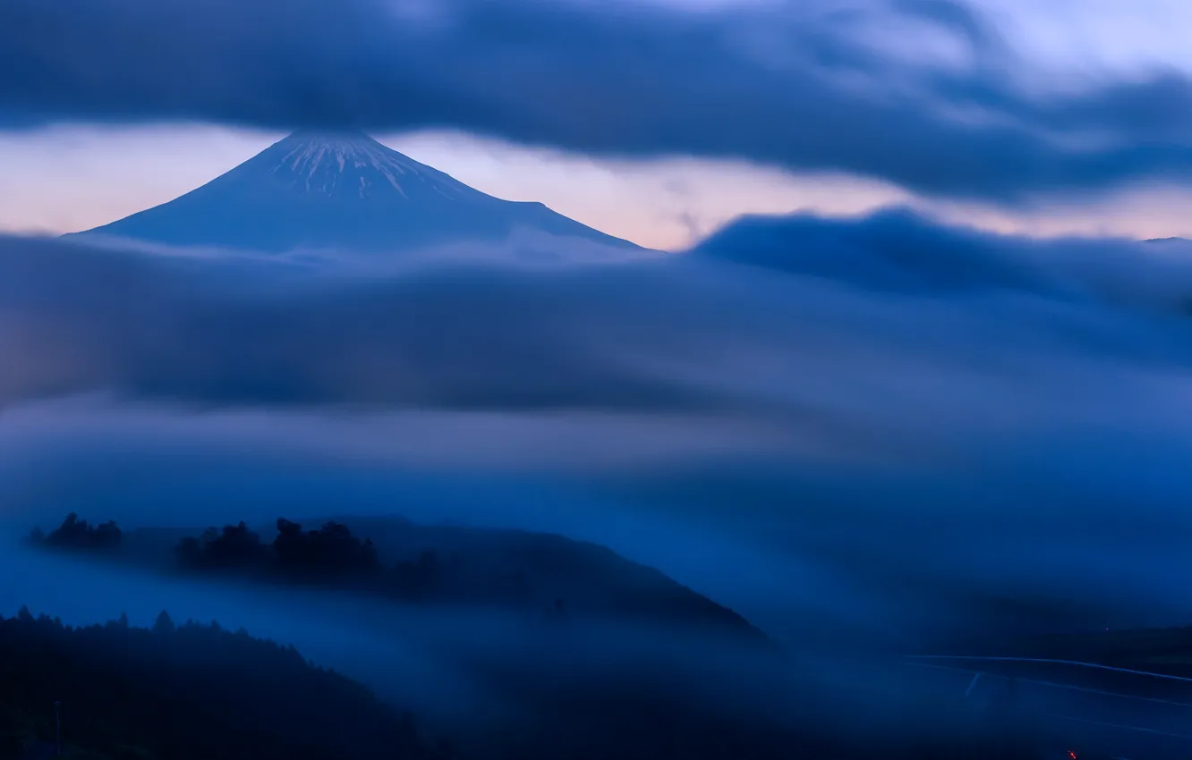 Photo wallpaper the sky, clouds, trees, mountains, fog, hills, the evening, the volcano