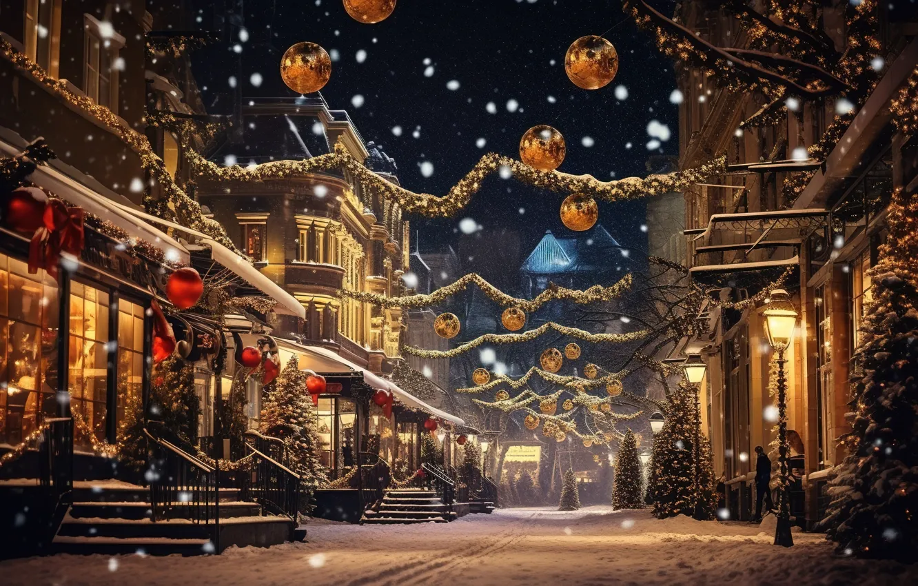 Photo wallpaper winter, snow, decoration, night, the city, lights, balls, street