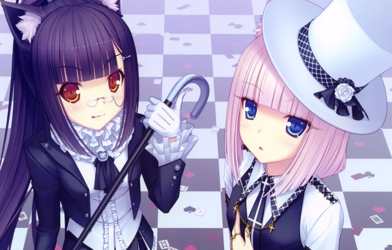 Photo wallpaper girls, cane, Art, neko, ears., cylinder hat