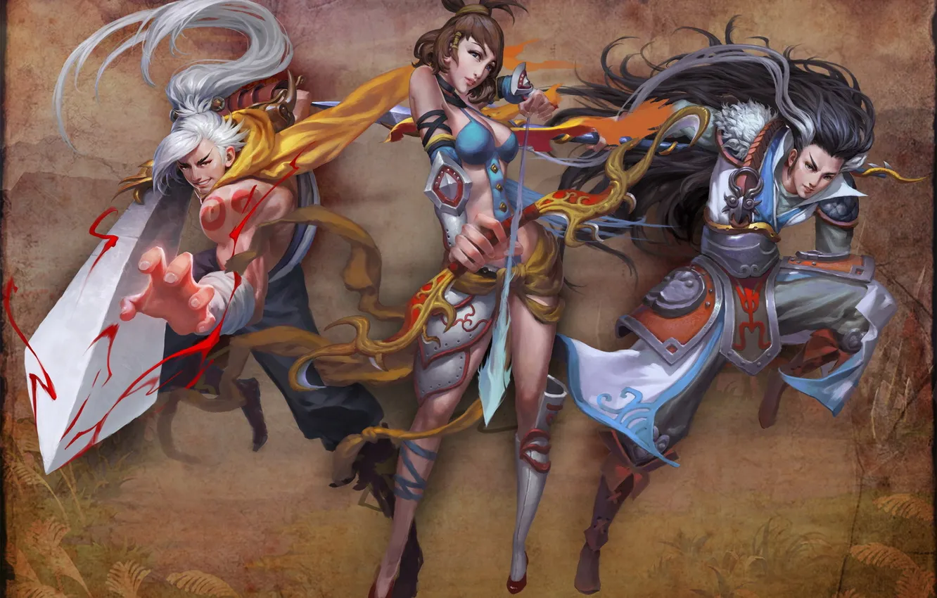 Photo wallpaper girl, weapons, background, sword, bow, art, spear, guy