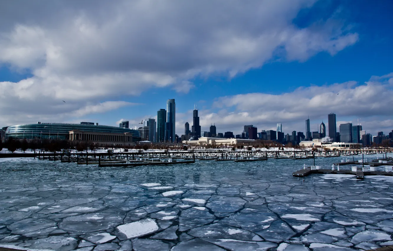 Photo wallpaper ice, winter, building, skyscrapers, Chicago, port, ice, USA