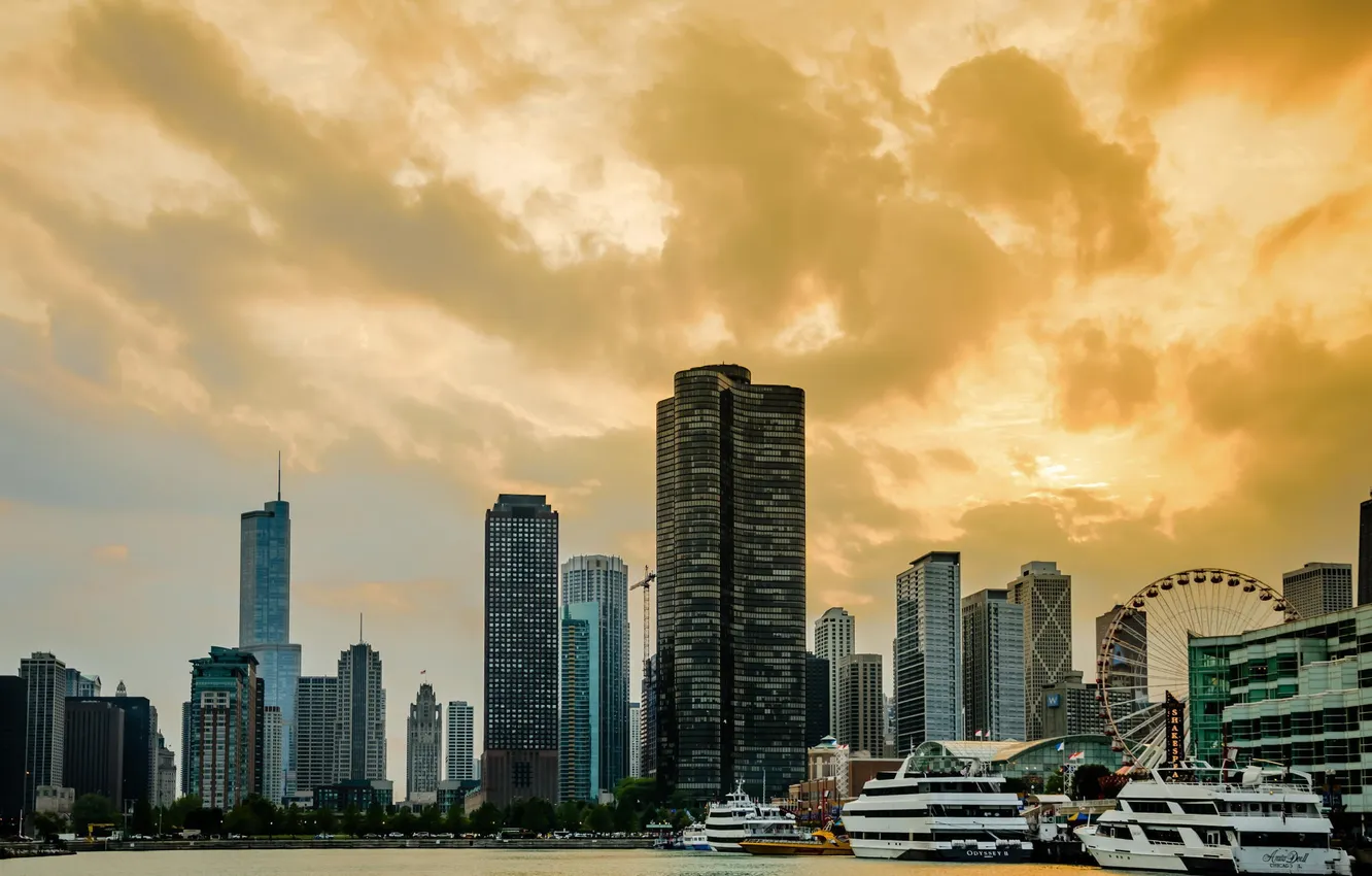 Photo wallpaper building, yachts, skyscrapers, the evening, Chicago, USA, Chicago, illinois