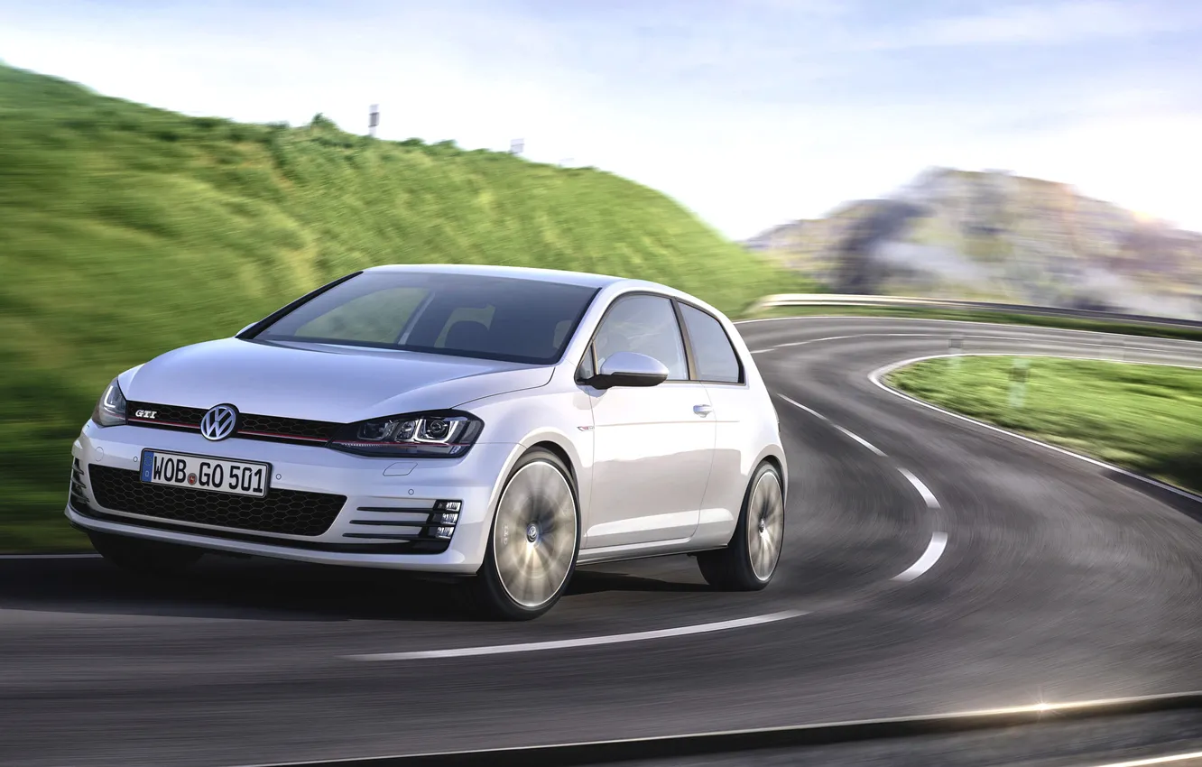 Photo wallpaper road, machine, auto, white, asphalt, lights, Volkswagen, in motion