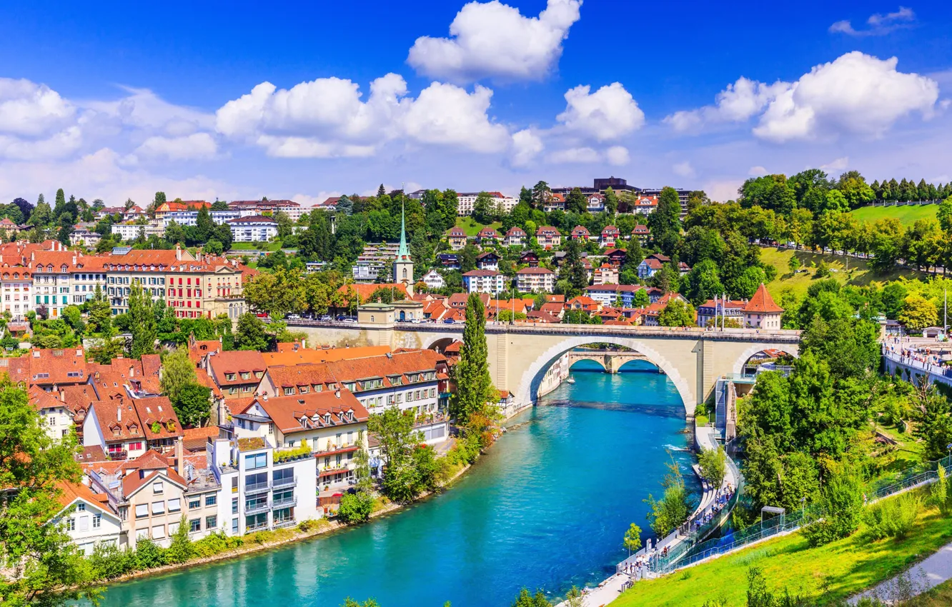Photo wallpaper bridge, river, home, Switzerland, Bern