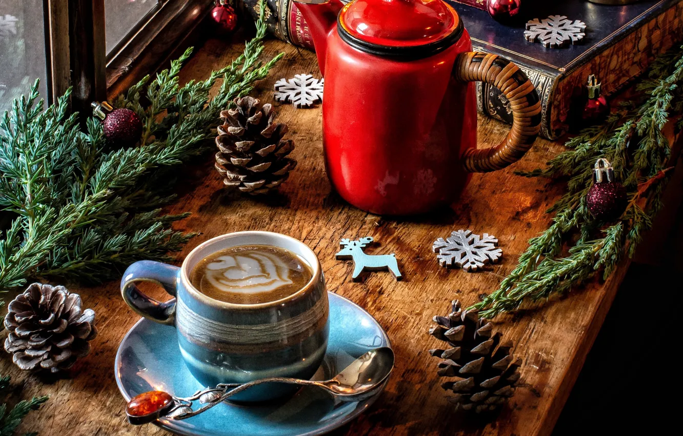 Photo wallpaper balls, snowflakes, branches, books, coffee, kettle, window, Christmas