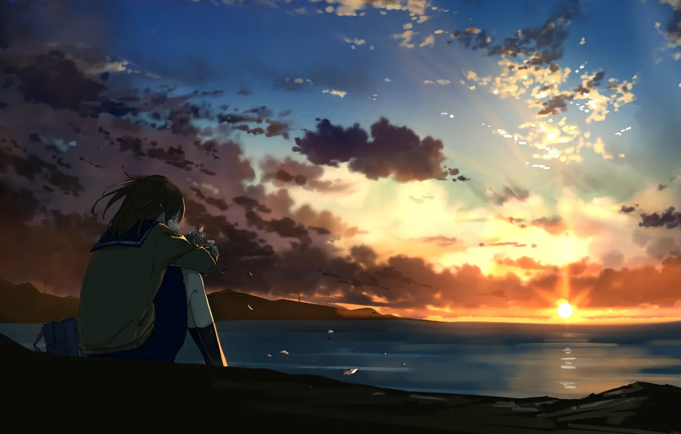 Photo wallpaper sunset, anime, art, girl, sitting