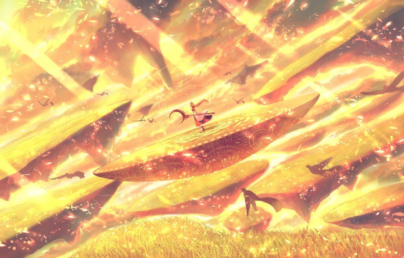 Photo wallpaper the sky, girl, bird, fantasy, staff, the floating island