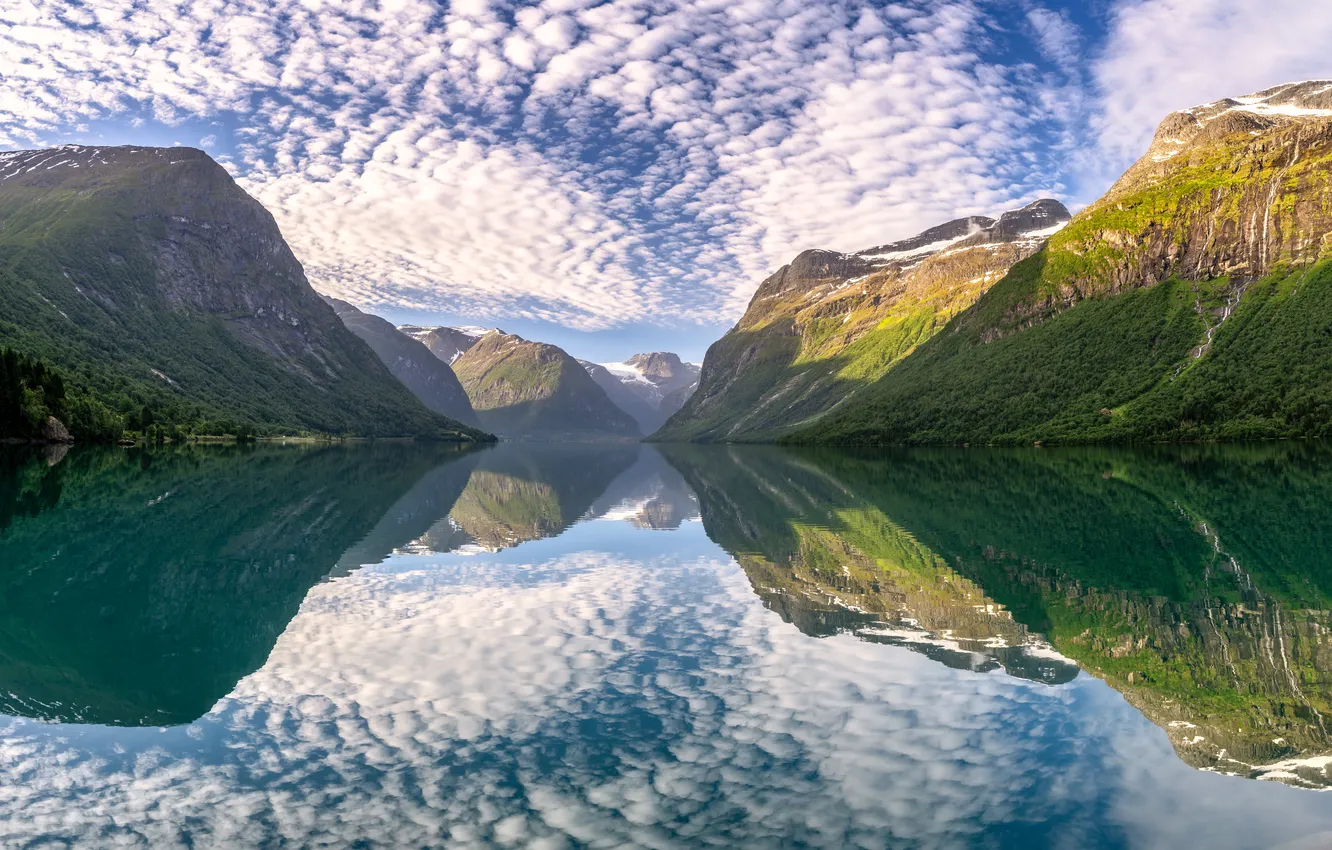 Photo wallpaper clouds, landscape, mountains, lake, reflection, Norway, Lovatnet Lake