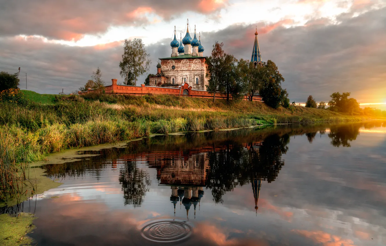 Photo wallpaper sunset, river, temple, Russia, Ivanovo oblast
