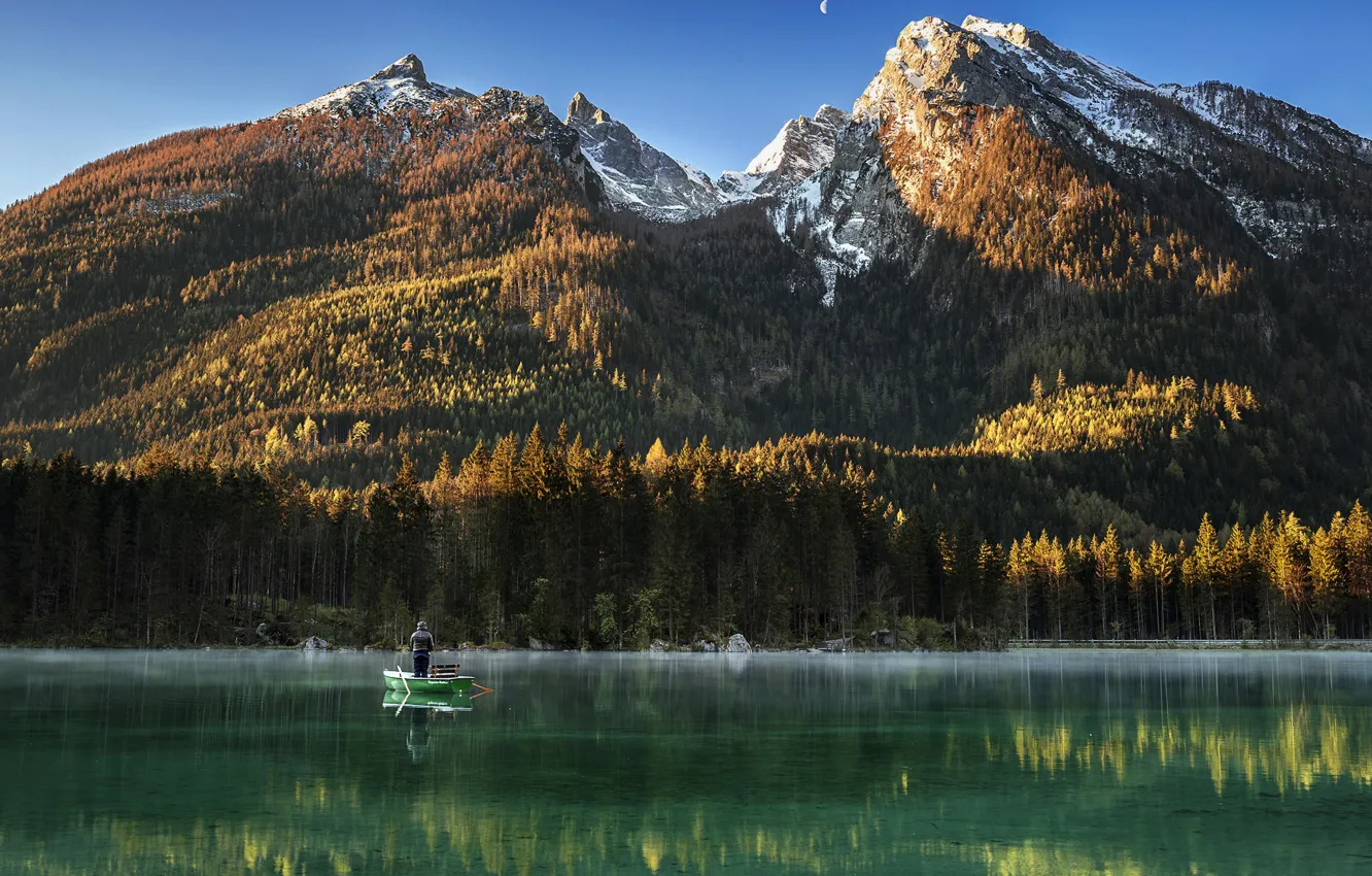Photo wallpaper landscape, mountains, nature, lake, reflection, boat, tops, fisherman