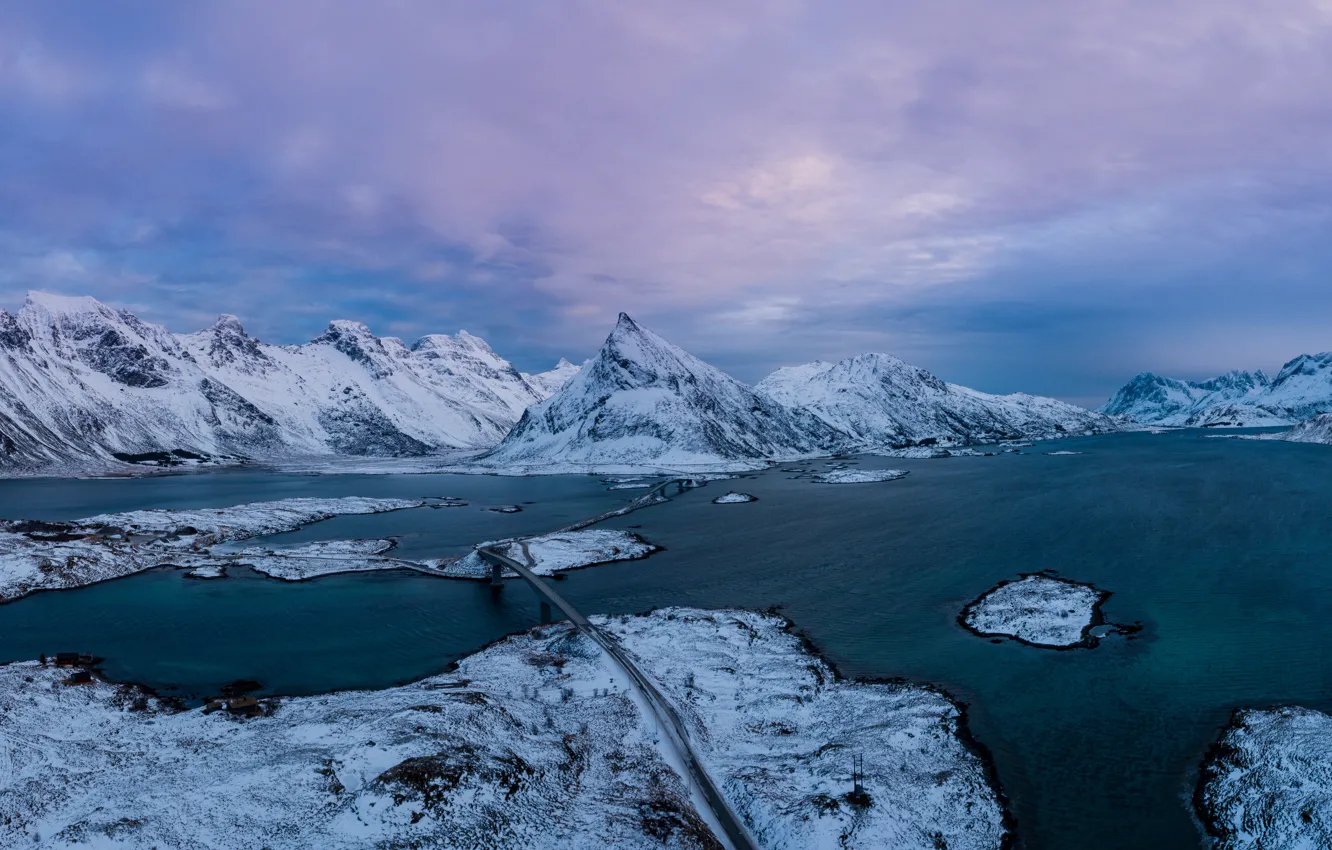 Photo wallpaper winter, sea, the sky, clouds, snow, landscape, mountains, shore
