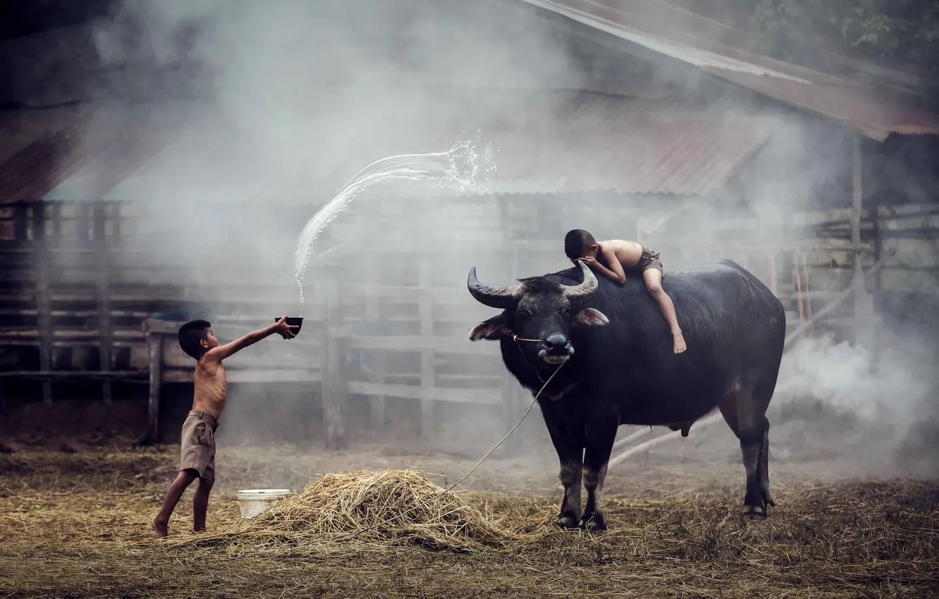 Photo wallpaper man, child, asian, villager