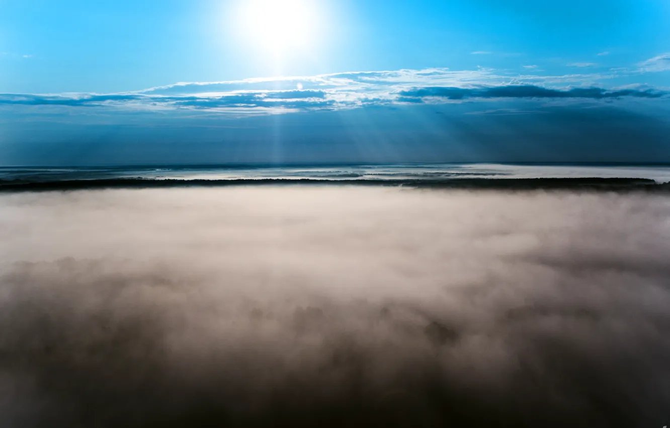 Photo wallpaper clouds, height, The sun, The sky, Clouds, Fog, Night, Light