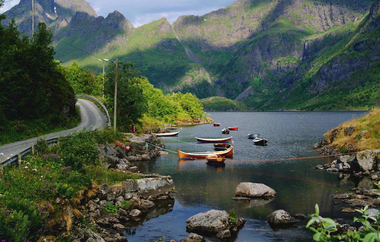 Photo wallpaper mountains, lake, stones, boats, Norway, Nordland County