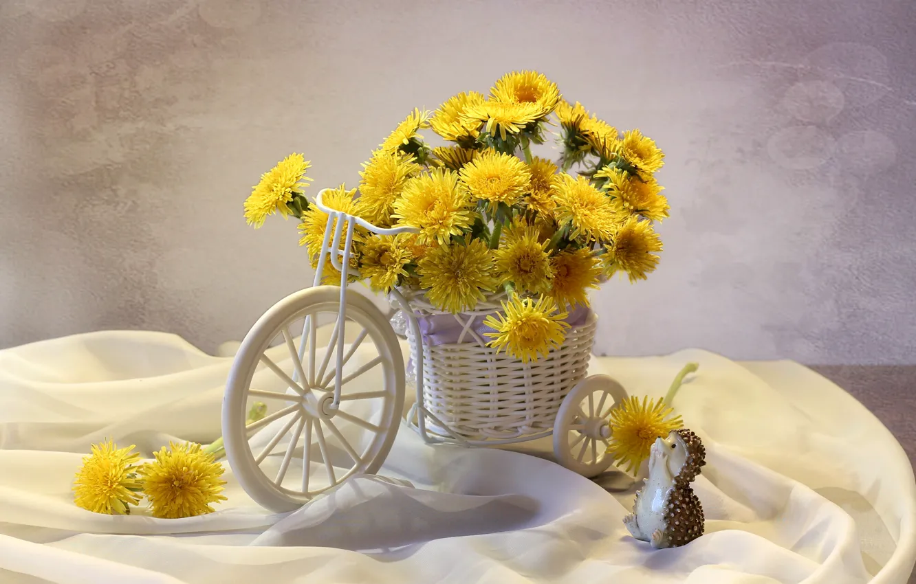 Photo wallpaper yellow, car, hedgehog, dandelions
