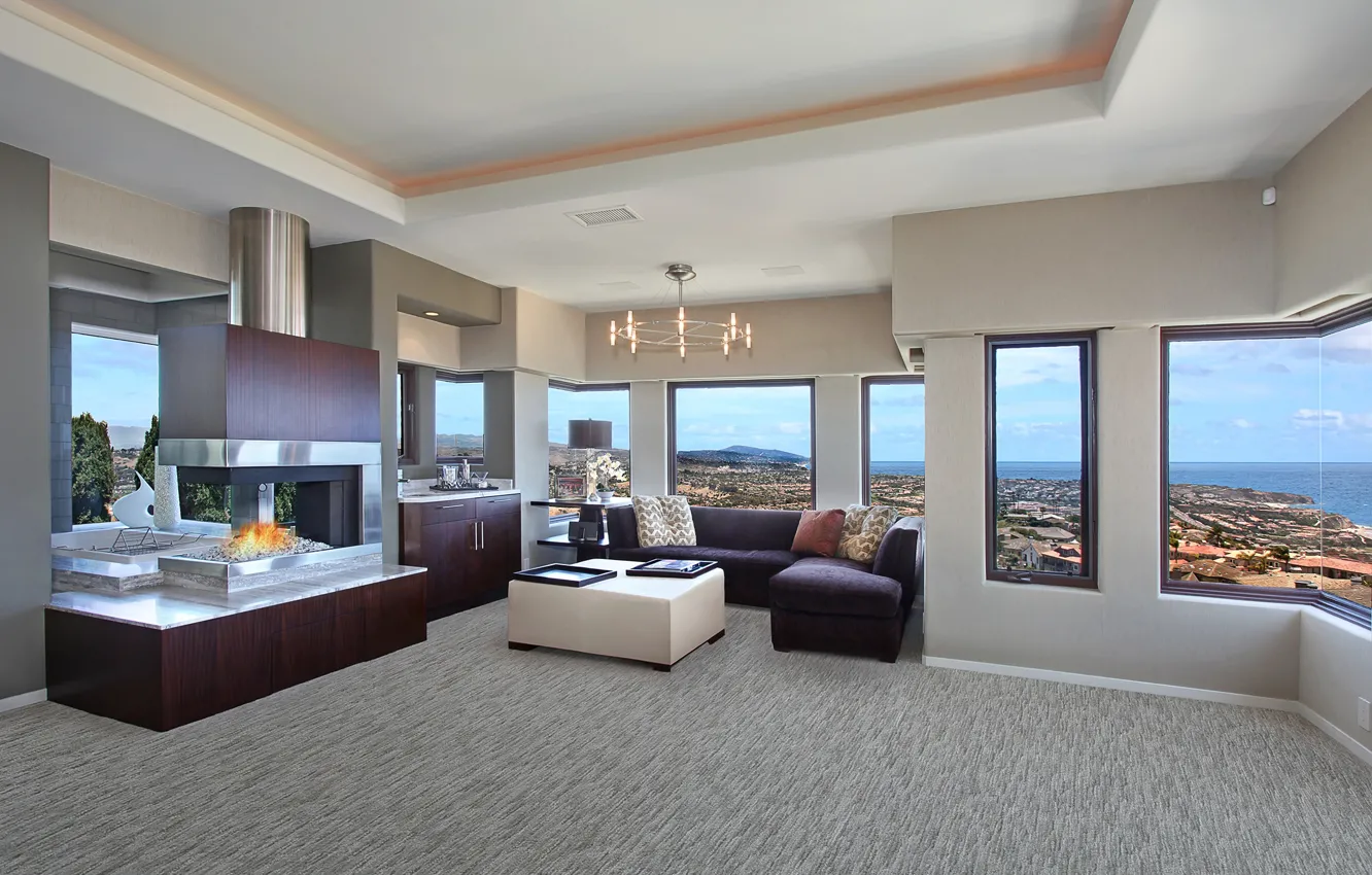 Photo wallpaper room, sofa, window, fireplace