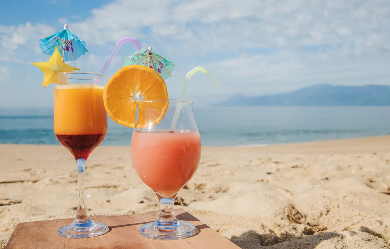 Photo wallpaper sand, sea, beach, coast, orange, cocktail, citrus