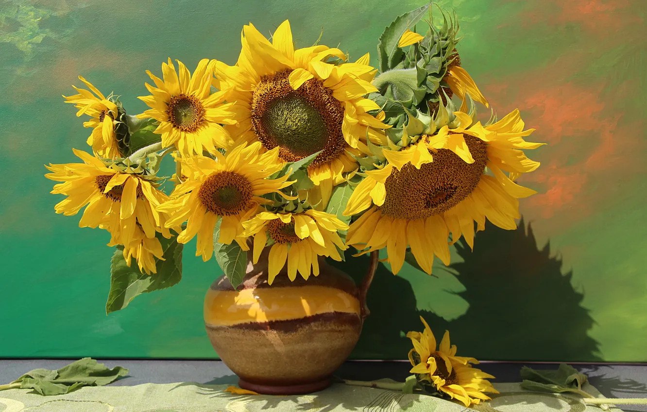 Photo wallpaper sunflowers, bouquet, pitcher