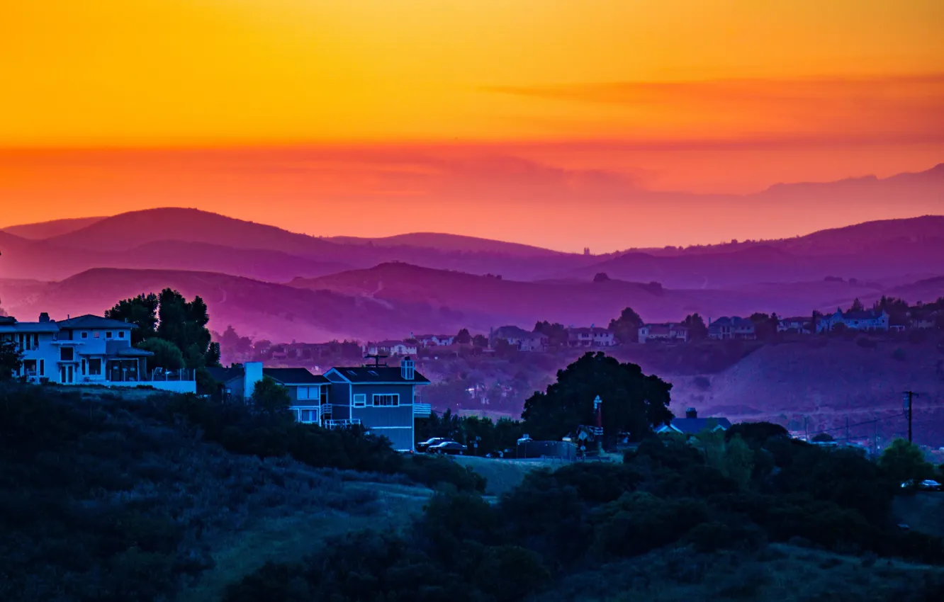 Photo wallpaper twilight, sunset, clouds, hills, houses, dusk, purple mountain