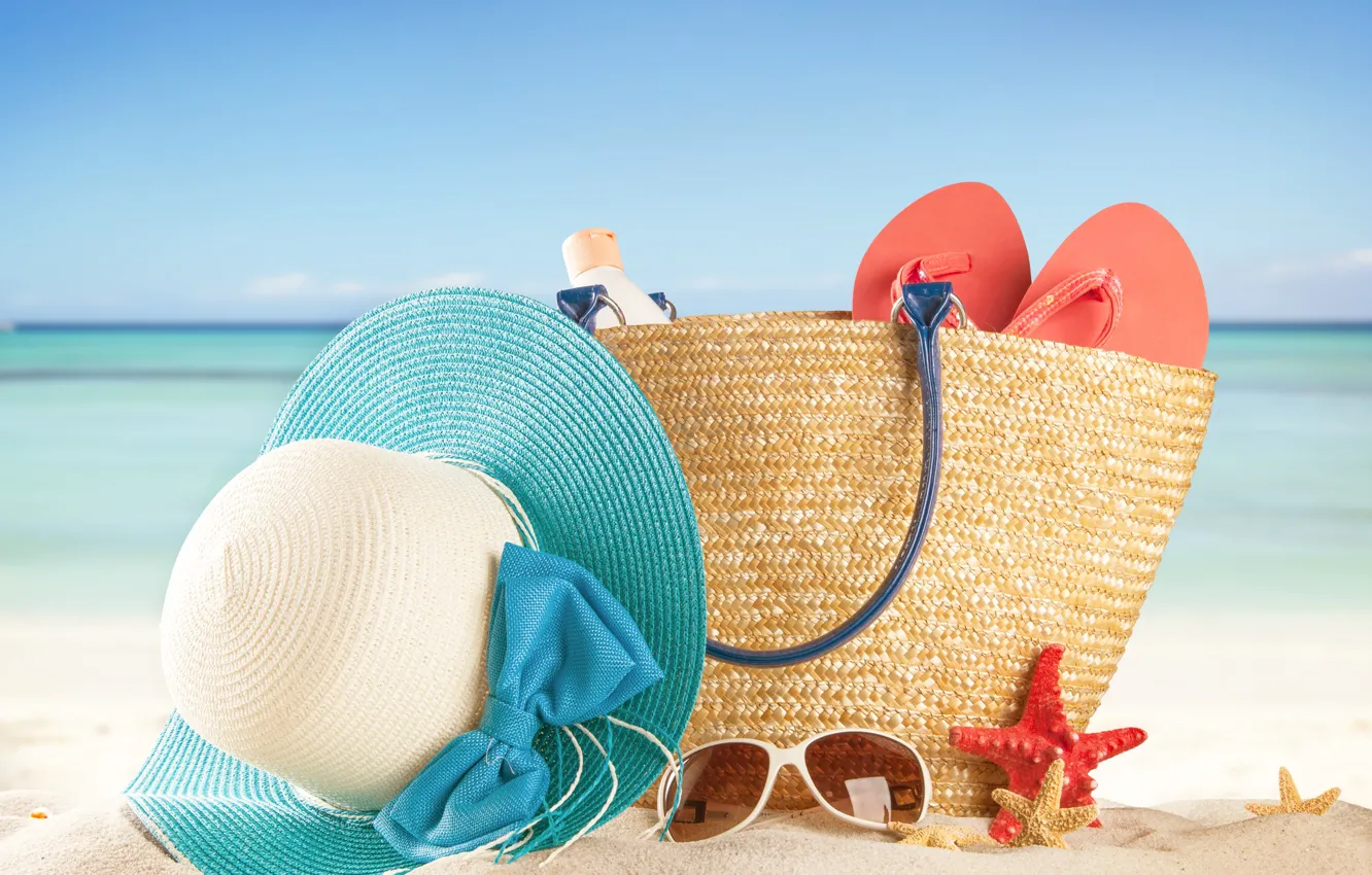 Photo wallpaper sand, sea, beach, summer, the sun, stay, hat, glasses