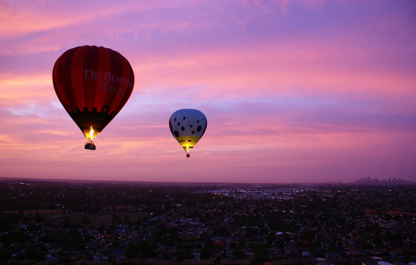 Photo wallpaper the sky, clouds, flight, sunset, city, the city, balloon, the evening