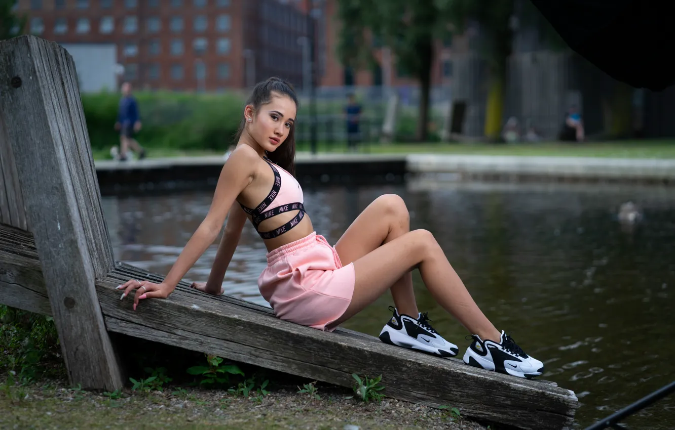 Photo wallpaper sports, female, athletic, sit, sneakers, sleeveless shirt, trainers, Young Woman