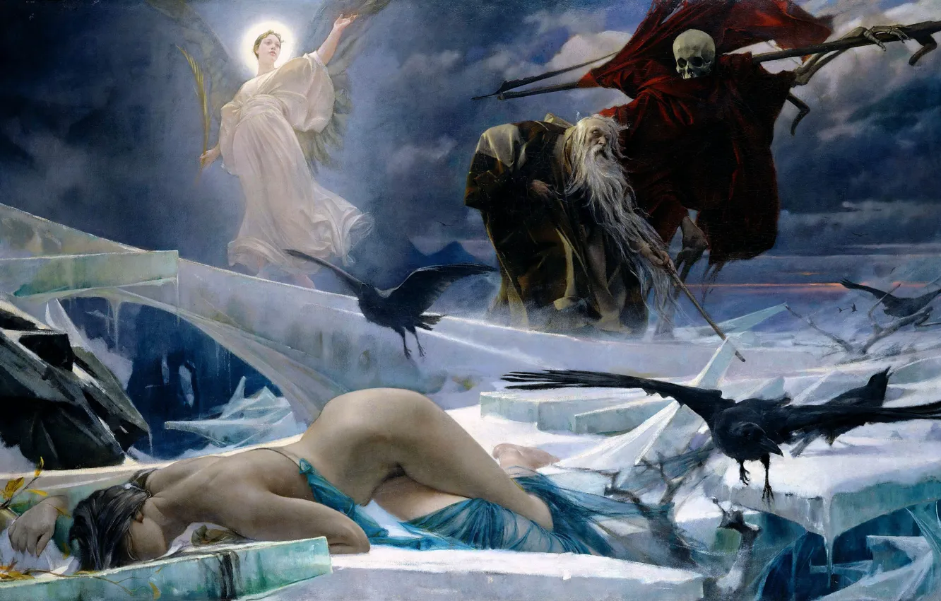 Photo wallpaper death, angel, picture, crows, Ahasuerus at the edge of the world, Adolf Hiremi-Hirschl, Adolf Hiremy-Hirschl, …