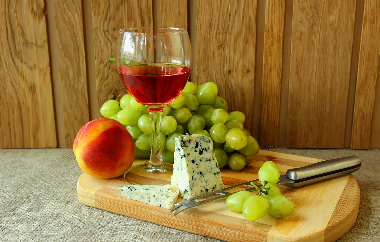 Photo wallpaper Board, cheese, grapes, white wine