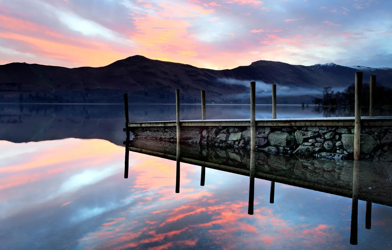 Photo wallpaper the sky, water, trees, landscape, sunset, bridge, nature, fog