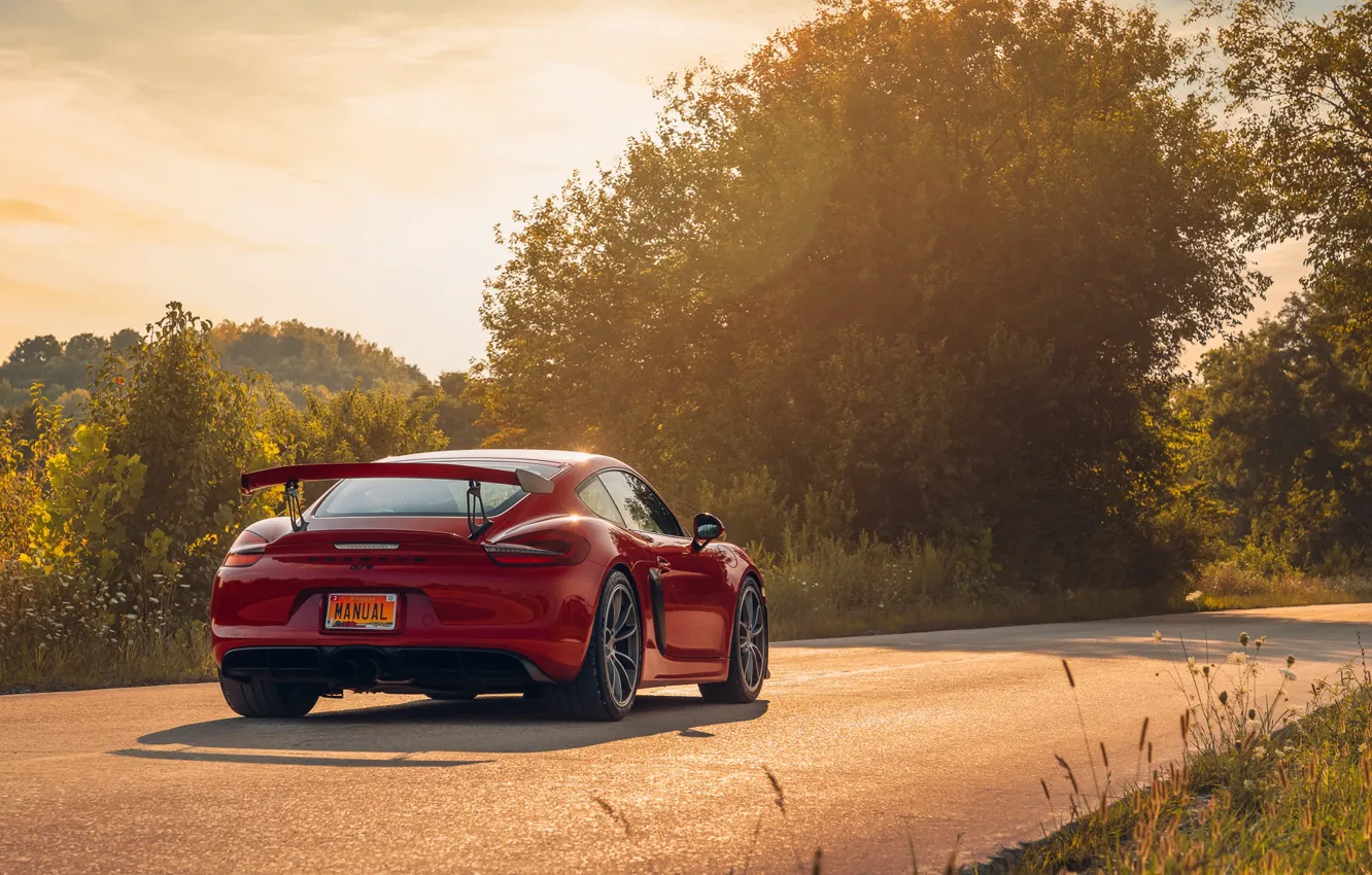 Photo wallpaper headlights, Porsche, field, car, sunlight, GT4, road, Taillights