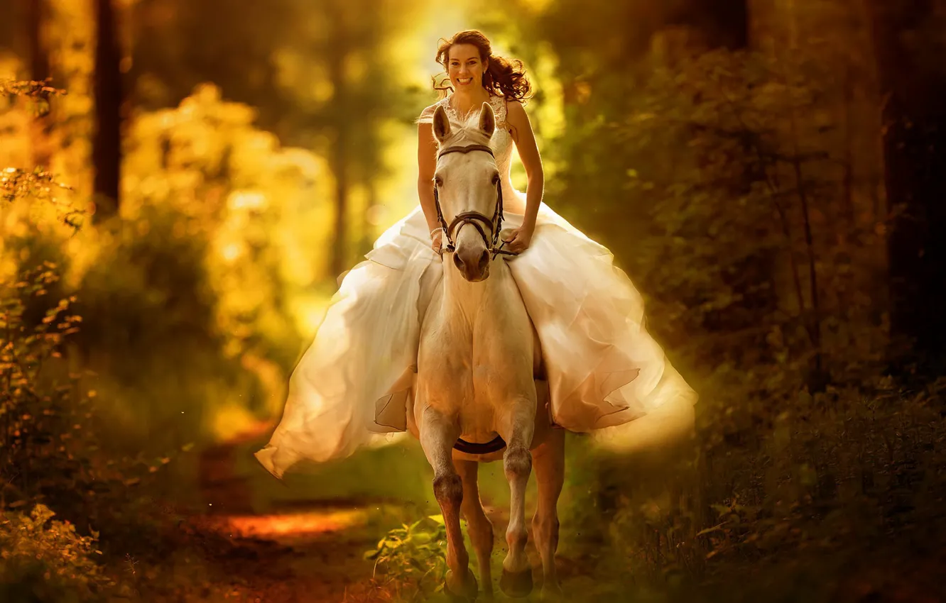 Photo wallpaper autumn, forest, girl, nature, horse, the bride