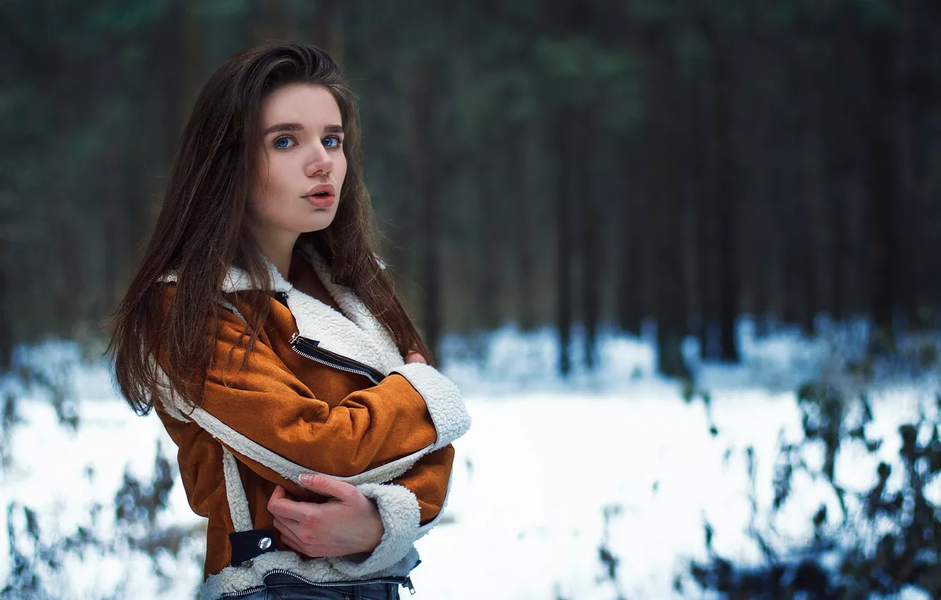Photo wallpaper forest, look, girl, snow, trees, Vlad Popov