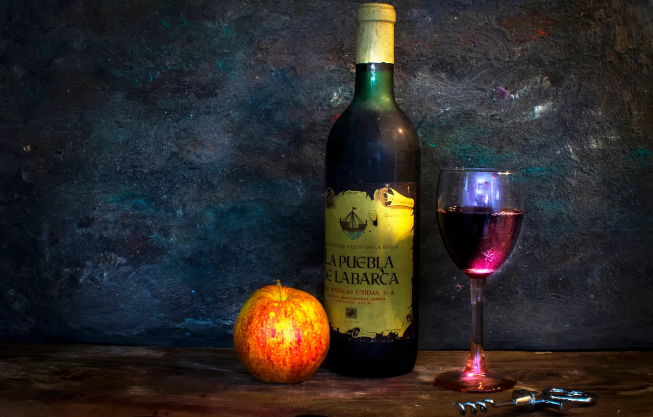 Photo wallpaper wine, apples, glass, bottle, corkscrew, Drink your worries away