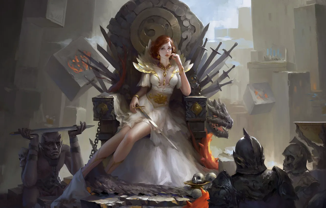 Photo wallpaper look, girl, sword, warrior, fantasy, art, chain, skeleton