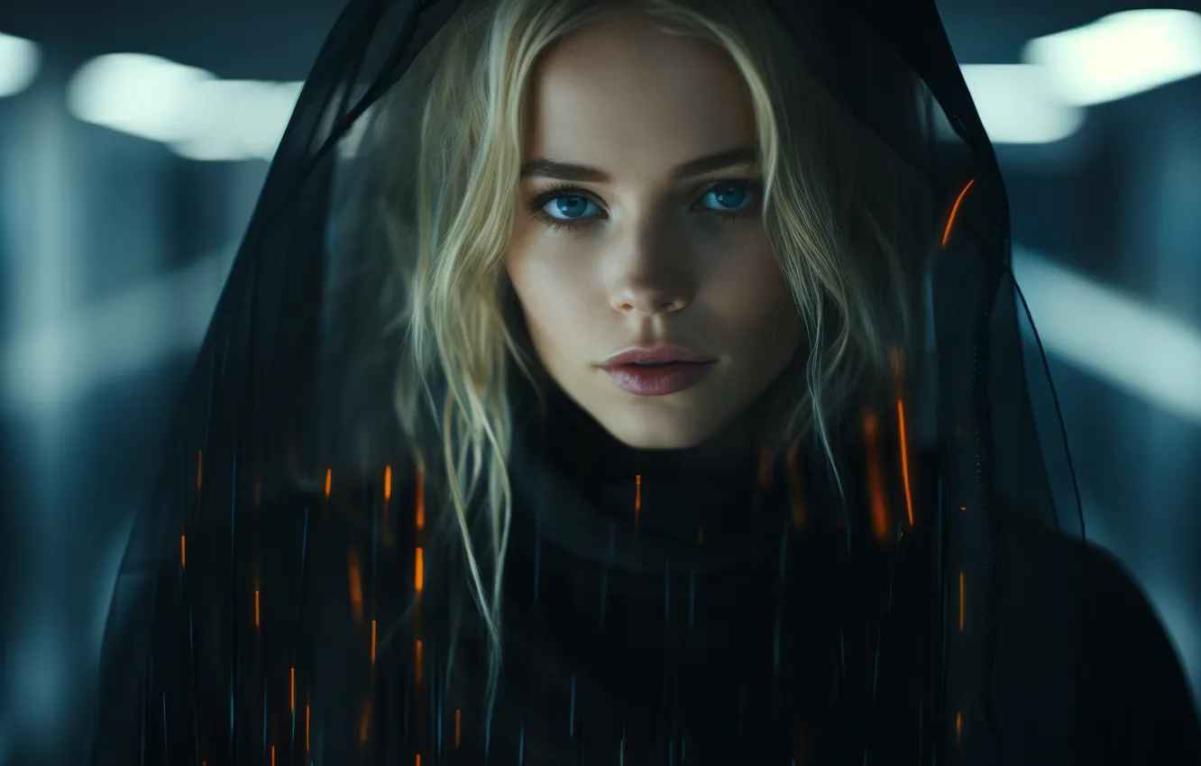 Photo wallpaper look, girl, face, portrait, blonde, blue eyes, veil, Cape