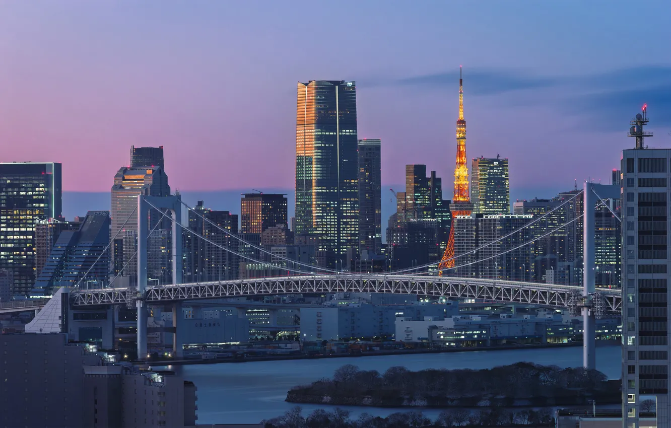 Photo wallpaper bridge, river, dawn, home, Japan, Tokyo, Tokyo, Japan
